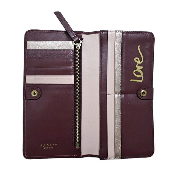 Radley London Foldover Leather Wallet Doggie Dark Red Pink Gold Credit Card - Picture 7 of 8